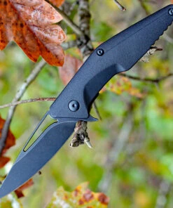 Brous Blades Division Linerlock, 4.5" Acid Stonewash Plain Blade, Black Polymer Handle