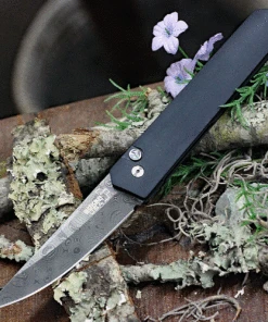 Boker Plus Kwaiken Automatic Damascus Knife 06EX293DAM, 3.0" Damascus Plain Blade, Black Aluminum Handle