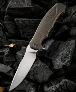 We Knife Co. We Knife Kellen Bogardus 37 Framelock Folder 901A, 4.07” Bohler M390 Bead Blast Drop Point Plain Blade, Bronze Titanium Handle