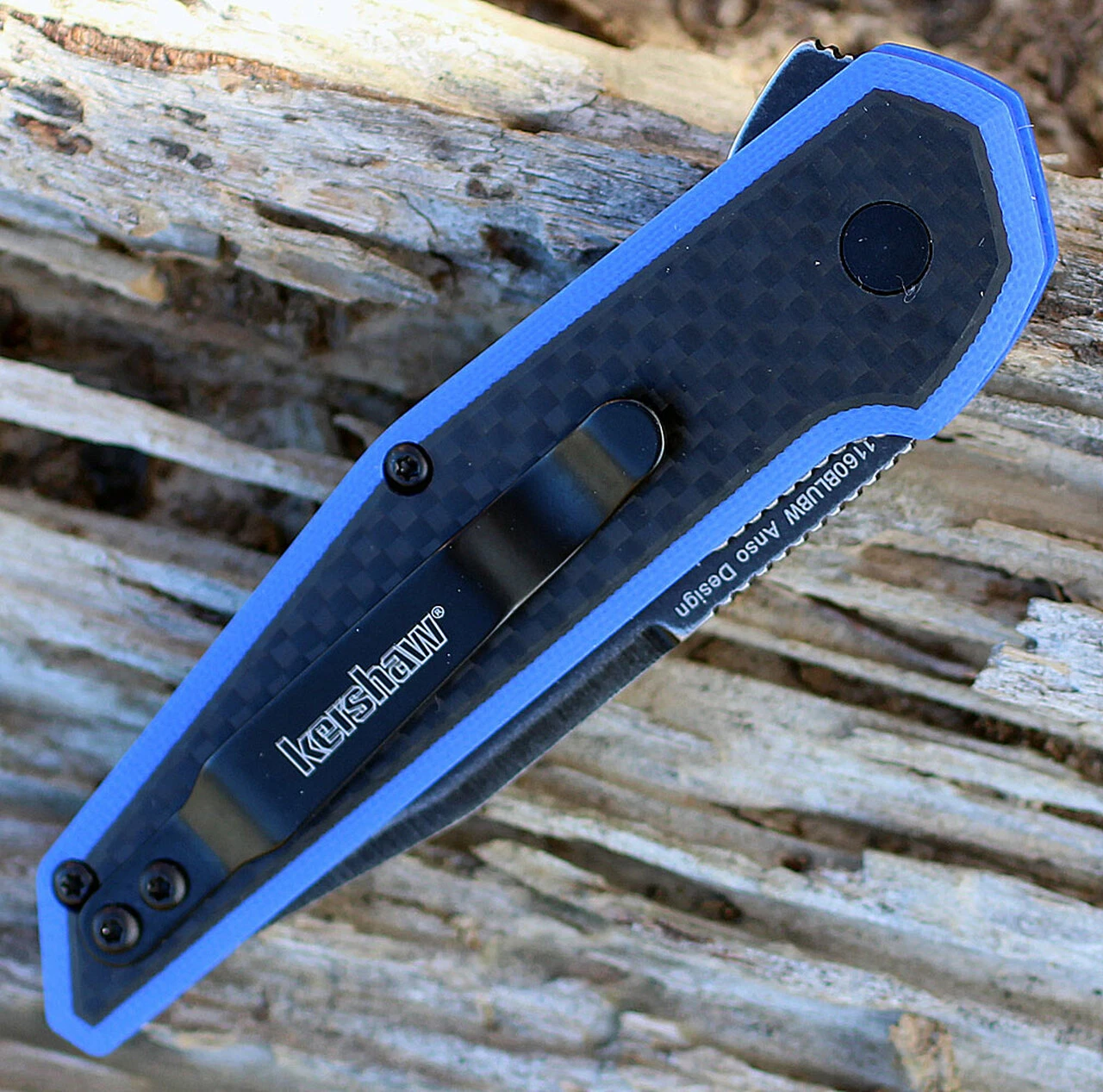 Kershaw Knives Kershaw 1160BLUBW Fraxion, 2.75" 8Cr13MoV Plain Blade, Blue G-10/Carbon Fiber Overlay 3 Kershaw Knives Kershaw 1160BLUBW Fraxion, 2.75" 8Cr13MoV Plain Blade, Blue G-10/Carbon Fiber Overlay - Image 3