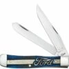 Case Ford Trapper 14323, 4.125" Closed Length SS Blade, Smooth Bone with Blue Color Wash and Black Defintion Handle