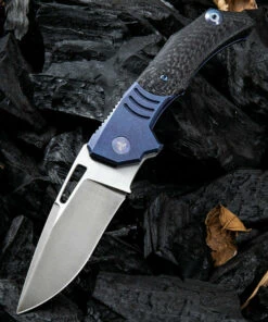 We Knife Co. We Knife Stixx Framelock Folder 817A, 3.45” Bohler-M390 Satin Drop Point Plain Blade, Carbon Fiber and Blue Titanium Handle