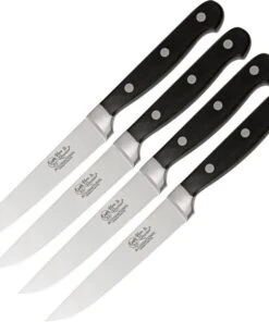 Hen & Rooster HRI008 Four Piece Steak Knife Set, 4.75" 440A Stainless Plain Blade, Stainless Guard, Black Bakelite Handle