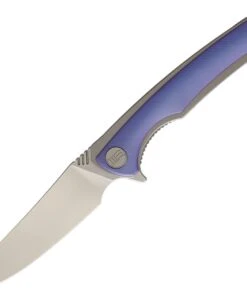 We Knife Co. We Knife Model 704 Linerlock Folder 704B, 3.6” Bohler M390 Satin Trailing Point Plain Blade, Blue Anodized Textured Titanium Over Titanium Handle