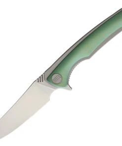 We Knife Co. We Knife Model 704 Linerlock Folder 704C, 3.6” Bohler M390 Stonewashed Trailing Point Plain Blade, Green Anodized Textured Titanium Over Titanium Handle
