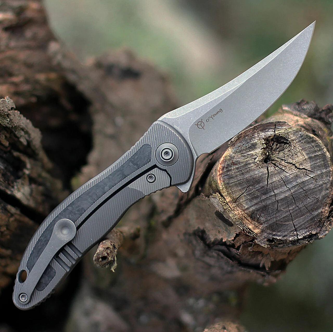 We Knife Co. We Knife Mini Synergy 2011CF-A, 2.93" CPM 20CV Stonewashed Blade, Black/Gray 6AL4V Titanium w/ Shredded Carbon Fiber Inlay Handle 2 We Knife Co. We Knife Mini Synergy 2011CF-A, 2.93" CPM 20CV Stonewashed Blade, Black/Gray 6AL4V Titanium w/ Shredded Carbon Fiber Inlay Handle - Image 2