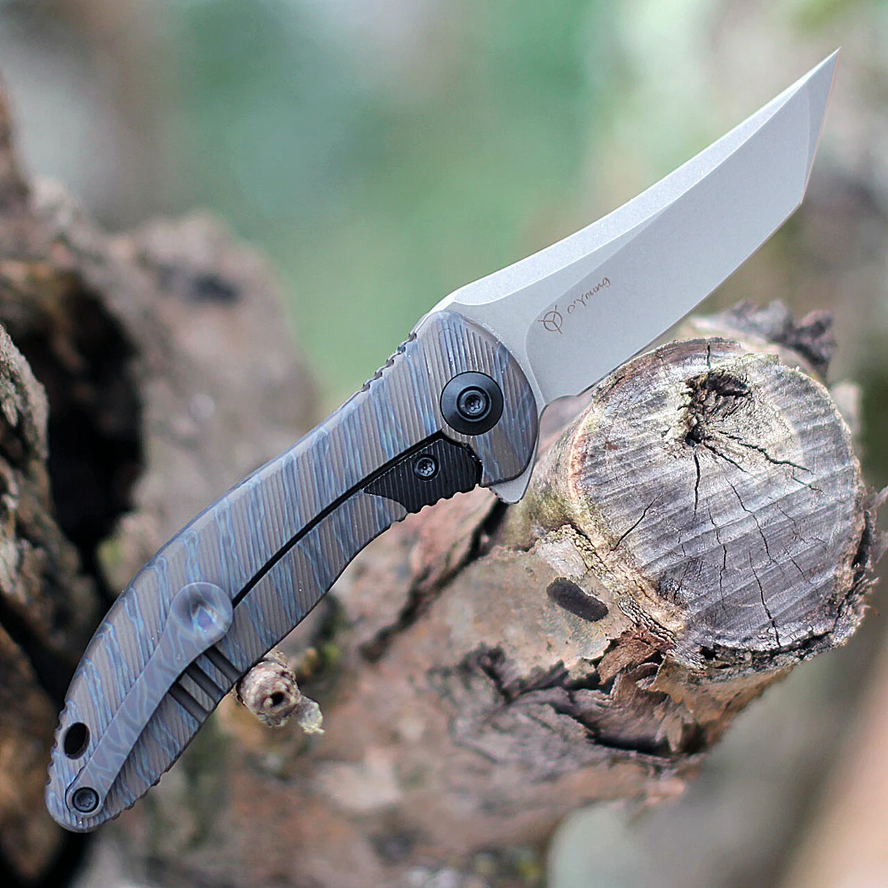 We Knife Co. We Knife Mini Synergy 2012C, 2.93" CPM 20CV Stonewashed Tanto Blade, Tiger Striped Pattern Flamed 6AL4V Titanium Handle 2 We Knife Co. We Knife Mini Synergy 2012C, 2.93" CPM 20CV Stonewashed Tanto Blade, Tiger Striped Pattern Flamed 6AL4V Titanium Handle - Image 2