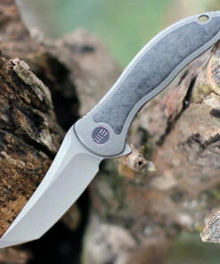 We Knife Co. We Knife Mini Synergy 2012CF-A, 2.93" CPM 20CV Stonewashed Tanto Blade, Black/Gray 6AL4V Titanium w/ Shredded Carbon Fiber Inlay Handle