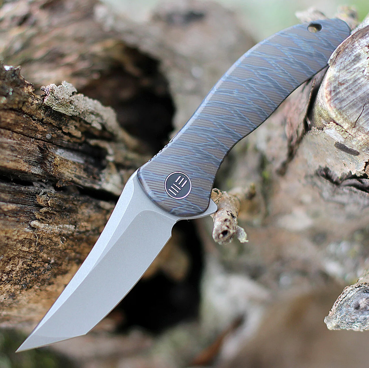 We Knife Co. We Knife Mini Synergy 2012C, 2.93" CPM 20CV Stonewashed Tanto Blade, Tiger Striped Pattern Flamed 6AL4V Titanium Handle 1 We Knife Co. We Knife Mini Synergy 2012C, 2.93" CPM 20CV Stonewashed Tanto Blade, Tiger Striped Pattern Flamed 6AL4V Titanium Handle