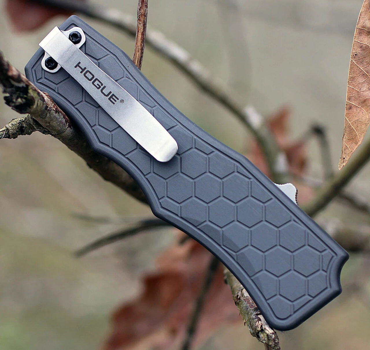 Hogue Houge Exploit 34052 OTF, 3.5" CPM S30V Clip Point Tumbled Blade, Matte Grey Aluminum Handle 3 Hogue Houge Exploit 34052 OTF, 3.5" CPM S30V Clip Point Tumbled Blade, Matte Grey Aluminum Handle - Image 3