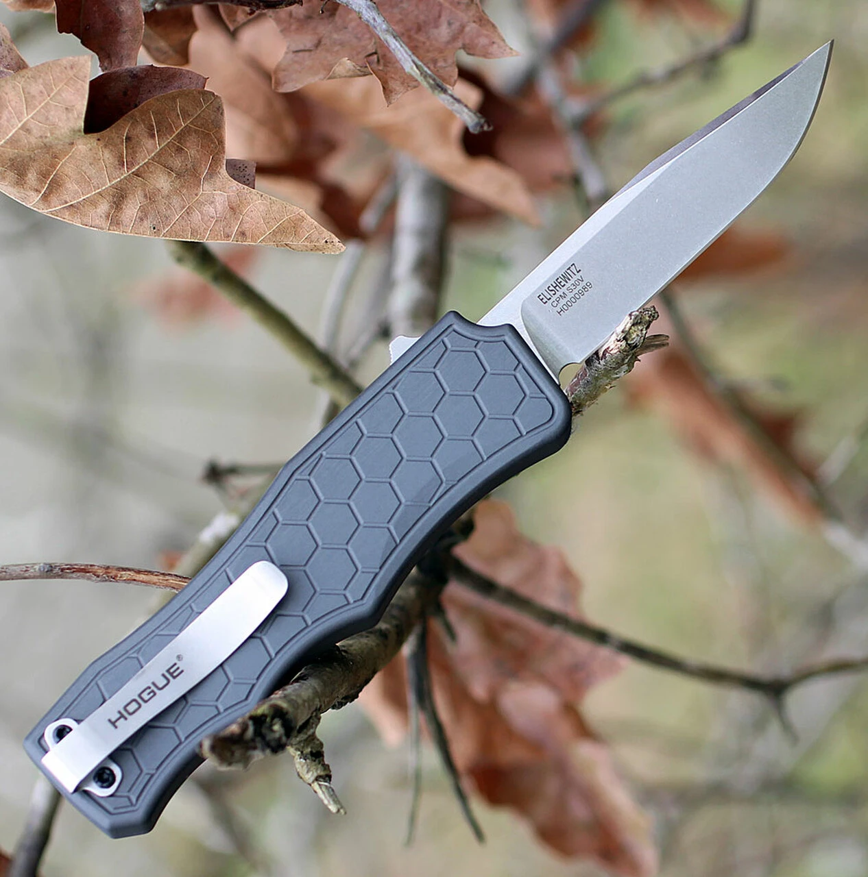 Hogue Houge Exploit 34052 OTF, 3.5" CPM S30V Clip Point Tumbled Blade, Matte Grey Aluminum Handle 2 Hogue Houge Exploit 34052 OTF, 3.5" CPM S30V Clip Point Tumbled Blade, Matte Grey Aluminum Handle - Image 2