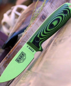 ESEE Knives ESEE-3 3PMVG-007, 3.88" 1095 Carbon Steel Green Plain Blade, Neon Green/Black G10 3D Handle, Black Sheath