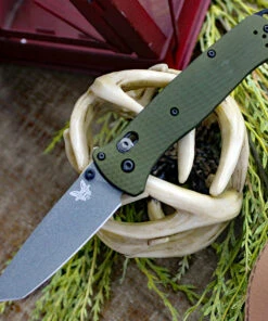Benchmade Knives Benchmade Bailout 537GY-1, 3.38" CPM-M4 Gray Coated Tanto Plain Blade, Green Aluminum Handle