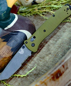 Benchmade Knives Benchmade Bailout 537SGY-1, 3.38" CPM-M4 Gray Coated Serrated Tanto Blade, Green Aluminum Handle