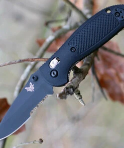 Benchmade Knives Benchmade Mini Griptilian 556SBK-S30V, 2.91" S30V Black Drop Point Combo Blade, Black Noryl GTX Handle