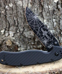 Ontario Rat Folder, Black Blade w/ Spider Web Design, Black Handle, PlainEdge -Knifeworks Sales Store 8846WB.2 05207.1614868113