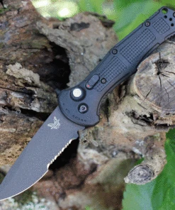 Benchmade Knives Benchmade Claymore 9070SBK, 3.64" Black D2 Steel Partially Serrated Blade, Black Grivory w/SS liner Handle,