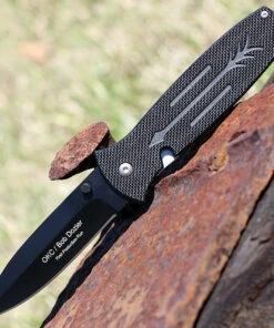 Ontario 9101 Dozier Arrow, 3.15 in D2 Black Plain Blade, Black G-10 Handles