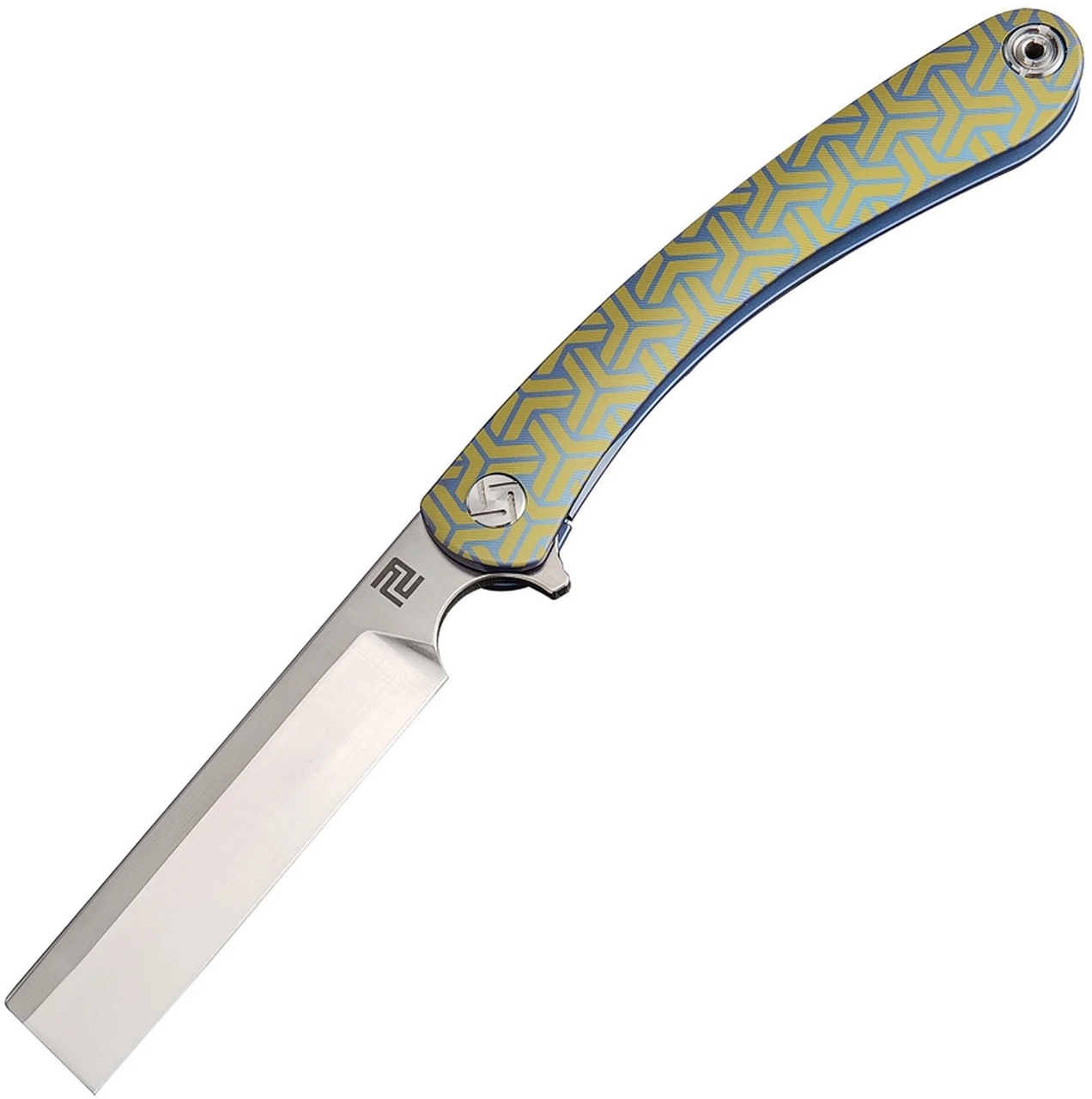 Artisan Cutlery Artisan Orthodox ATZ1817GBU02, 3.75" Satin S35VN Blade, Blue & Gold Titanium Geometric Pattern Handle 1 Artisan Cutlery Artisan Orthodox ATZ1817GBU02, 3.75" Satin S35VN Blade, Blue & Gold Titanium Geometric Pattern Handle