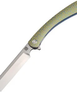 Artisan Cutlery Artisan Orthodox ATZ1817GSBU02, 2.75" Satin S35VN Blade, Blue & Gold Titanium Geometric Pattern Handle
