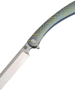 Artisan Cutlery Artisan Orthodox ATZ1817GSBU03, 2.75" Satin S35VN Blade, Blue & Gold Titanium Swirl Pattern Handle