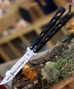 Bear and Son Bear & Son Cutlery 30th Anniversary Butterfly Knife ANN114B, 4.25" 440 Satin Embellished Blade, Black Zinc Handle