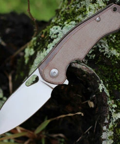 GiantMouse ACE Biblio Flipper, 2.9" M390 Stonewash Drop Point Blade, Bronze Handle w/Natural Micarta inlay