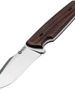 Boker Bison Fixed Blade 02BA404, 4.2" N695 Satin Plain Blade, Guayacan Ebony Wood Handle, Brown Leather Sheath