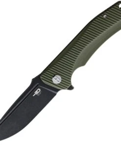 Bestech Mako BG27D Flipper Knife, 3.74" D2 Black Stonewashed Drop Point Blade, Milled OD Green G-10 Handle