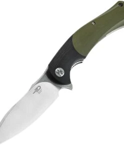 Bestech Knives Penguin Flipper Knife BG32A, 3.6" D2 Satin & Stonewash Plain Blade, Green & Black G-10 Handle