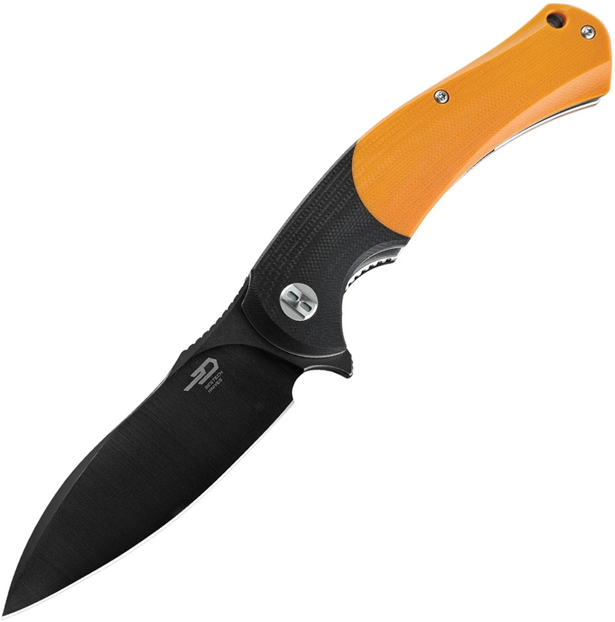 Bestech Knives Penguin Flipper Knife BG32D, 3.6" D2 Black Stonewashed Plain Blade, Black & Orange G-10 Handle 1 Bestech Knives Penguin Flipper Knife BG32D, 3.6" D2 Black Stonewashed Plain Blade, Black & Orange G-10 Handle