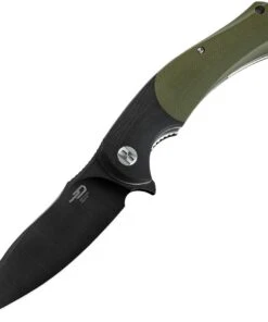Bestech Knives Penguin Flipper Knife BG32E, 3.6" D2 Black Plain Blade, Black & Green G-10 Handle