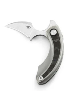 Bestech Knives Strelit BT2103D, 2.19" M390 Satin Reverse Hawkbill Plain Blade, Grey Titanium and Blue Marble Carbon Fiber Handles