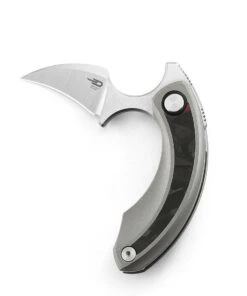 Bestech Knives Strelit BT2103E, 2.19" M390 Satin Reverse Hawkbill Plain Blade, Grey Titanium & Red Marble Carbon Fiber Handles