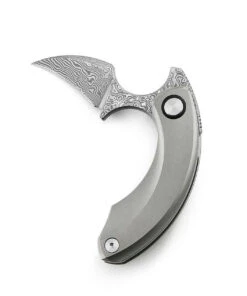 Bestech Knives Strelit BT2103G, 2.19" Damascus Reverse Hawkbill Plain Blade, Grey Stonewashed Titanuim Handles