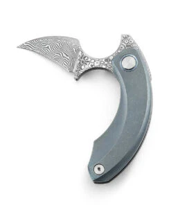 Bestech Knives Strelit BT2103I, 2.19" Damascus Reverse Hawkbill Plain Blade, Blue Stonewashed Titanuim Handles