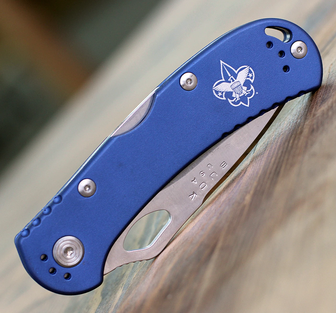 Buck Knives Buck Spitfire BSA 722BLXBSA, 3.25" 420HC Part Serrated Blade, Blue Aluminum w/ BSA Logo Handle 4 Buck Knives Buck Spitfire BSA 722BLXBSA, 3.25" 420HC Part Serrated Blade, Blue Aluminum w/ BSA Logo Handle - Image 4