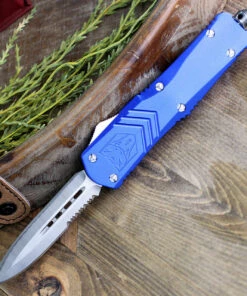 CobraTec Blue FS-X OTF Knife CTKLBLUFS-XLDAG1SS, 3.75" D2 Steel Dagger Serrated Blade, Blue Aluminum Handle