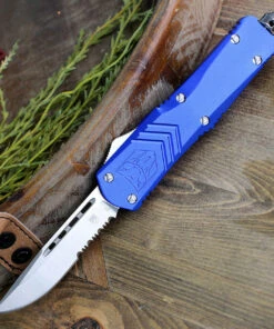 CobraTec Blue FS-X OTF Knife CTKLBLUFS-XLDS, 3.75" D2 Steel Drop Point Serrated Blade, Blue Aluminum Handle