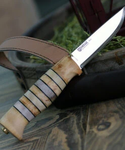 Helle Arv 14, 3.5" High Carbon Steel Drop Point Plain Blade, Ringed Birch and Bone Handle