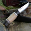 Helle Trofe 85, 3.5 " Triple Laminated Stainless Steel Drop Point Plain Blade, Darkened Oak, Leather, Staghorn and Curly Birch Handle