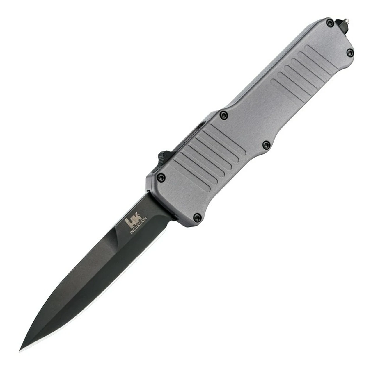 HK Knives HK Incursion OTF 3.9" 154 CM Bayonet Black Finished Blade, Matte Grey Aluminum Frame 1 HK Knives HK Incursion OTF 3.9" 154 CM Bayonet Black Finished Blade, Matte Grey Aluminum Frame
