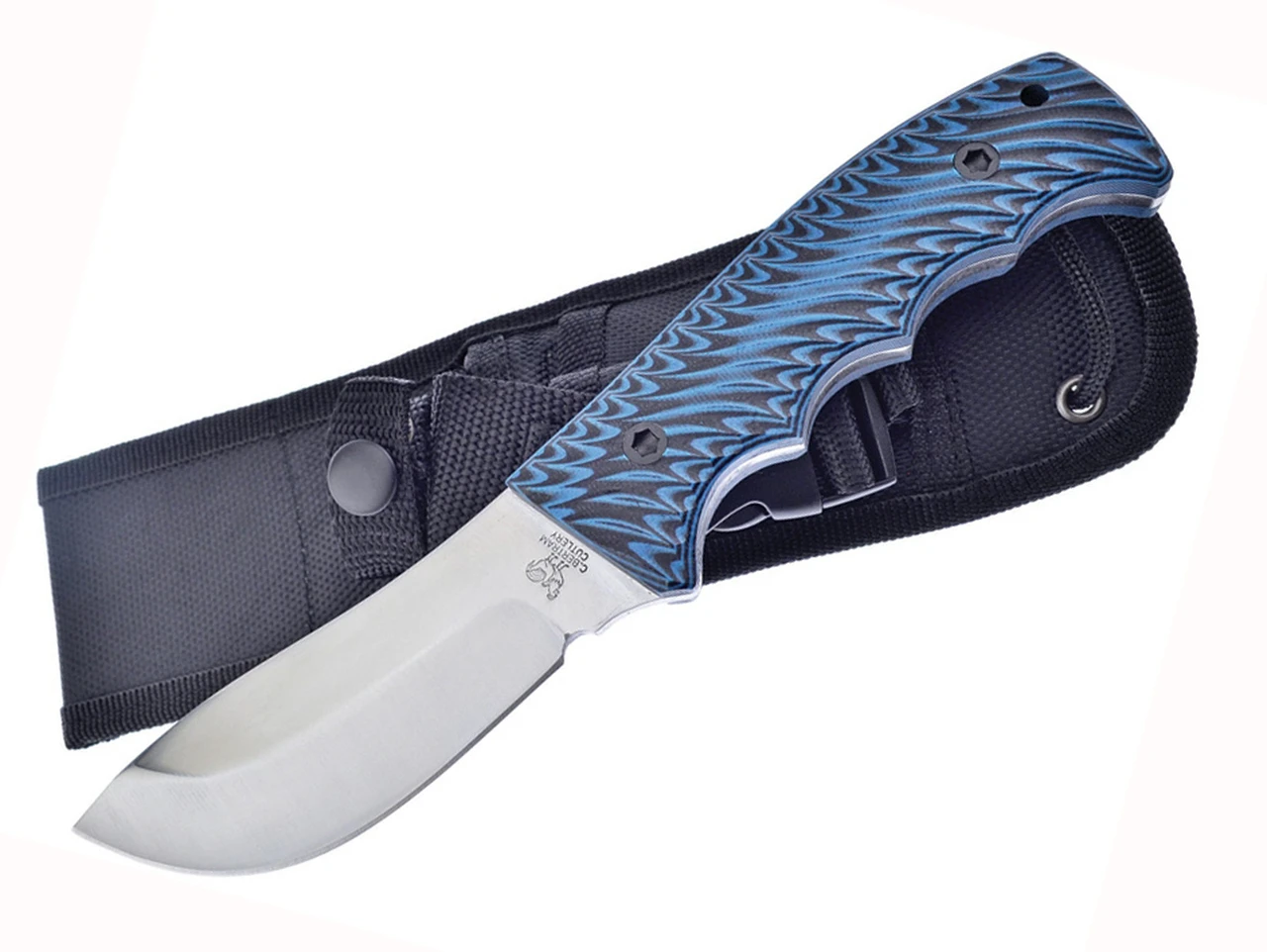 Hen & Rooster Skinner, HR-005BL, 4" Satin Stainless Steel Skinner, Black & Blue G-10 Sculpted Handle w/Black Nylon Sheath 1 Hen & Rooster Skinner, HR-005BL, 4" Satin Stainless Steel Skinner, Black & Blue G-10 Sculpted Handle w/Black Nylon Sheath