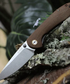 CJRB Cutlery Feldspar J1912-BNC, 3.53" D2 Steel Stonewashed Plain Blade, Contoured Brown G-10 Handle