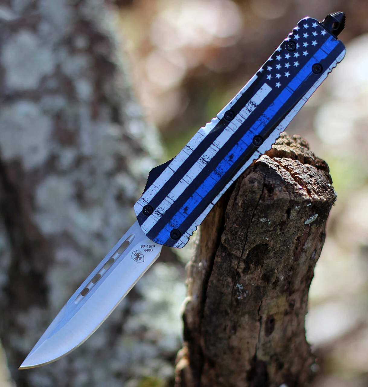 Templar Knife Co. Templar Knife Large OTF Back The Blue L-BTB-33-2, 3.5" 440C Satin Drop Point Blade, Aluminum Zinc Handle 1 Templar Knife Co. Templar Knife Large OTF Back The Blue L-BTB-33-2, 3.5" 440C Satin Drop Point Blade, Aluminum Zinc Handle