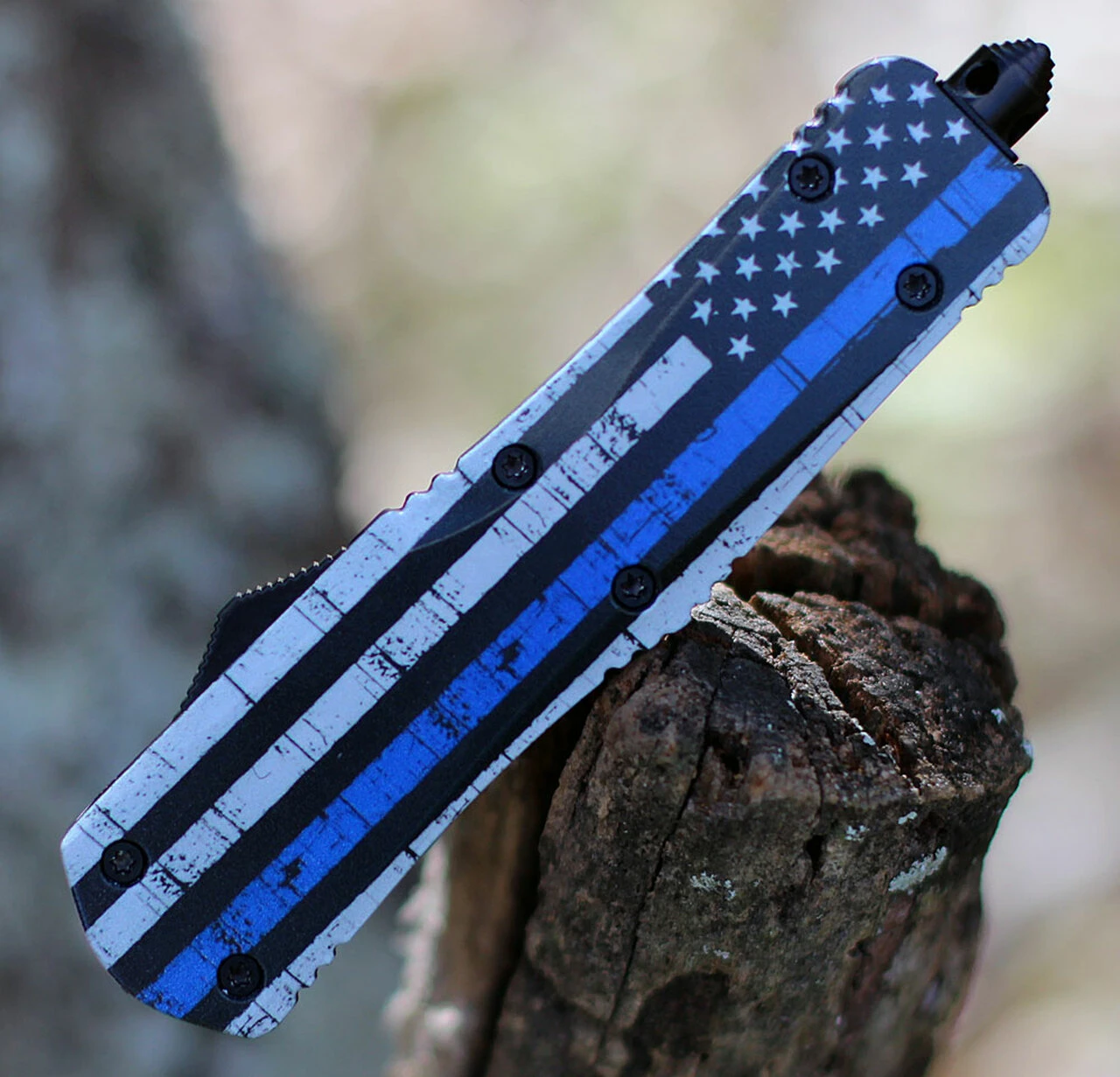 Templar Knife Co. Templar Knife Large OTF Back The Blue L-BTB-33-2, 3.5" 440C Satin Drop Point Blade, Aluminum Zinc Handle 4 Templar Knife Co. Templar Knife Large OTF Back The Blue L-BTB-33-2, 3.5" 440C Satin Drop Point Blade, Aluminum Zinc Handle - Image 4