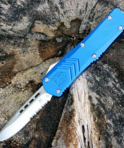 CobraTec Blue FS-X OTF Knife CTKMBLUFS-XMDS, 3" D2 Steel Drop Point Serrated Blade, Blue Aluminum Handle