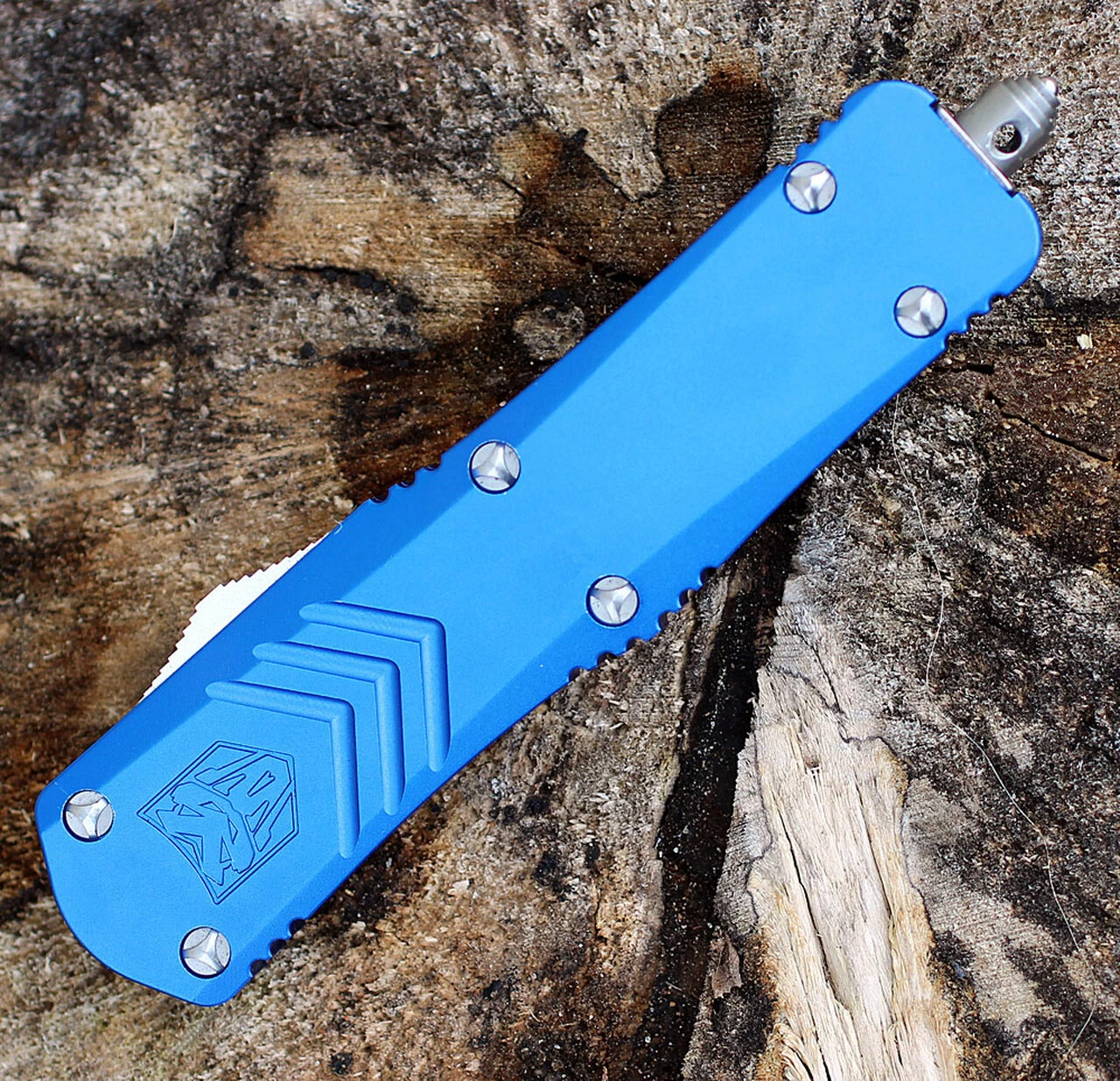 CobraTec Blue FS-X OTF Knife CTKMBLUFS-XMDAG2SS, 3" D2 Steel Dagger Double Serrated Blade, Blue Aluminum Handle 3 CobraTec Blue FS-X OTF Knife CTKMBLUFS-XMDAG2SS, 3" D2 Steel Dagger Double Serrated Blade, Blue Aluminum Handle - Image 3