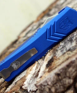 CobraTec Blue FS-X OTF Knife CTKMBLUFS-XMTS, 3" D2 Steel Tanto Serrated Blade, Blue Aluminum Handle -Knifeworks Sales Store MBLUFSX.1 40147.1583253357