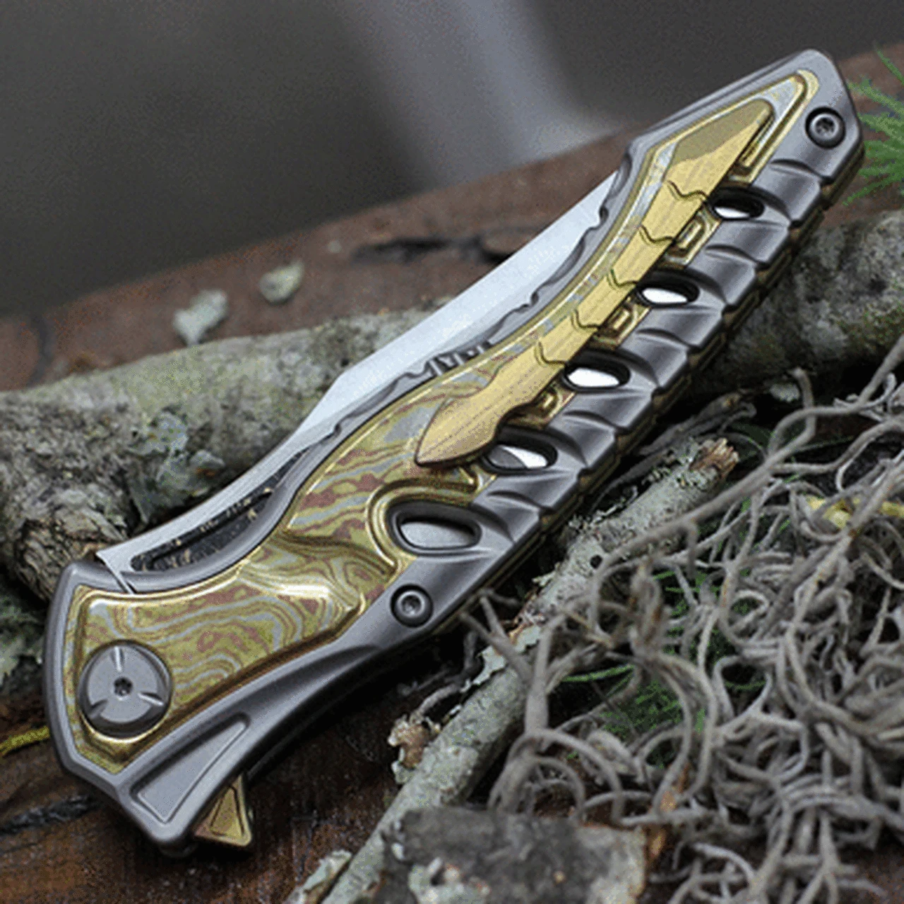 Maxace Knives Hive - Titanium / Gold Mokume (4.25" Satin) MCH03 3 Maxace Knives Hive - Titanium / Gold Mokume (4.25" Satin) MCH03 - Image 3